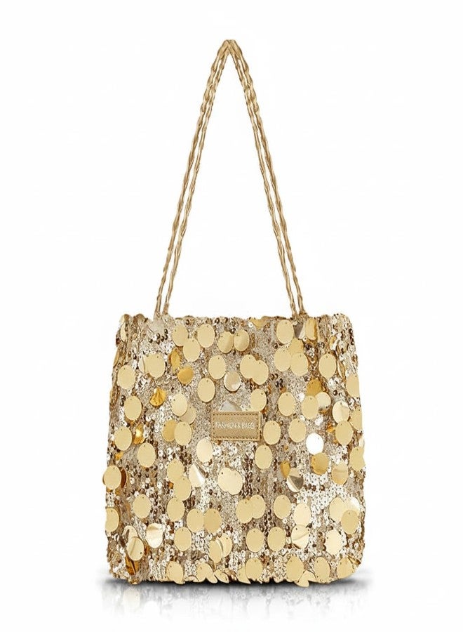 DOSYSO Korean Sequin Hobo Shoulder Hand Bags For Women Stylish Latest Glitter Party Evening Handbags Big Size Tote Bag Fancy Wedding Ladies Purse Braided Handle Sling Side bag Gift For Girls (Gold) - Image 1
